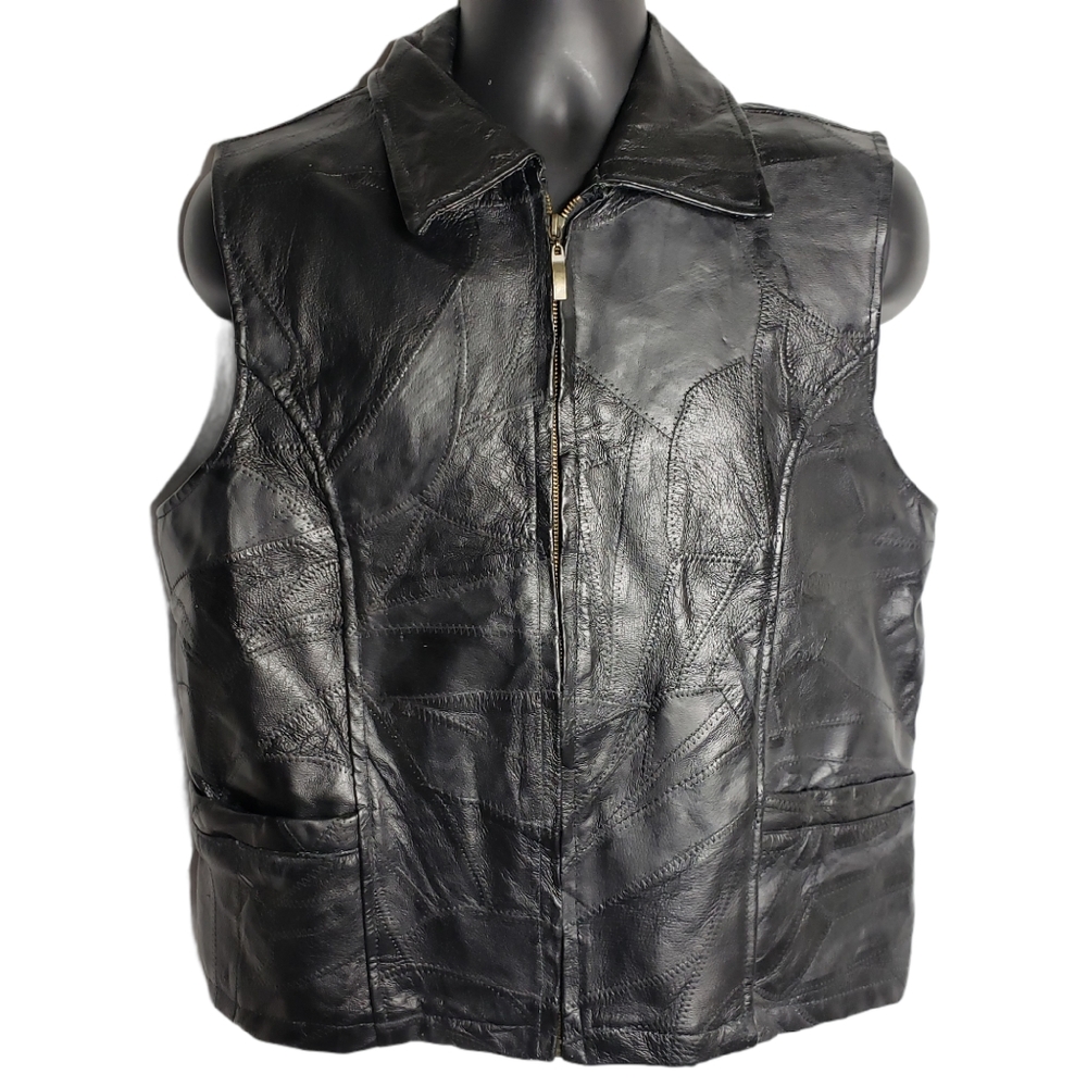 Leather Patchwork Motorcycle Veat XXXL Black